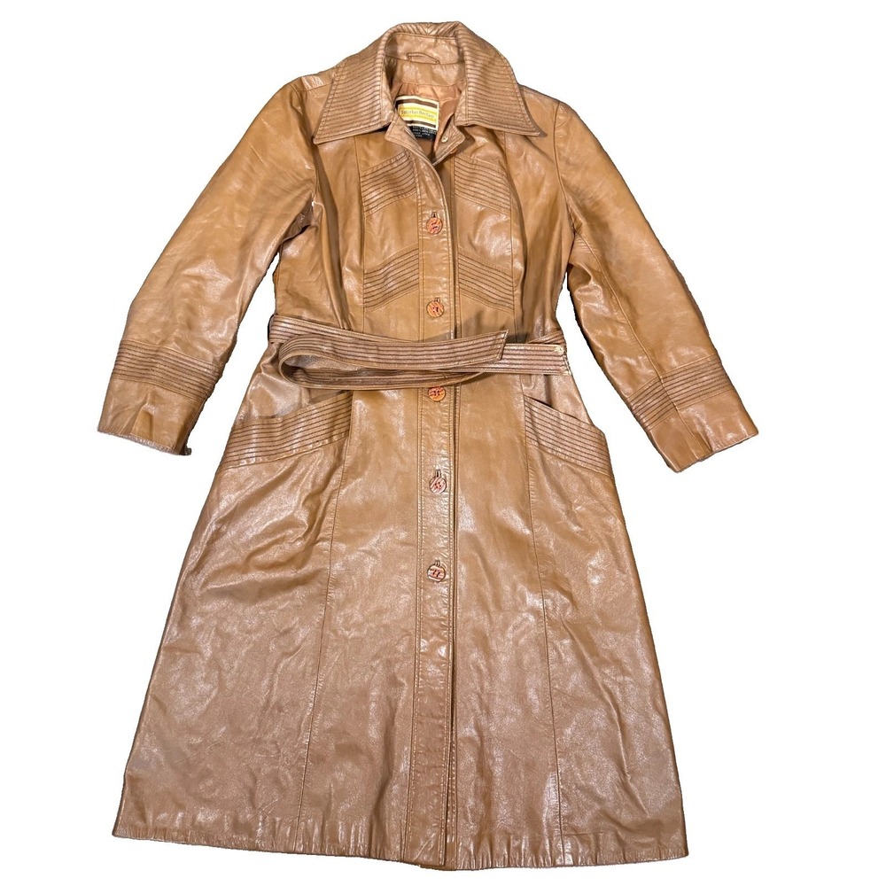 Suburban Heritage Trench Coat Womens 14 Brown Leather Retro Vintage 1970s Belted